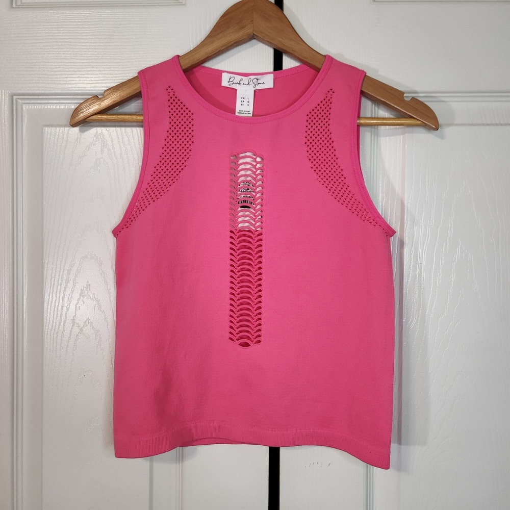 Birch and Stone Pink Sleeveless Knit Top Ladder Cutout Pointelle Mesh Large NEW